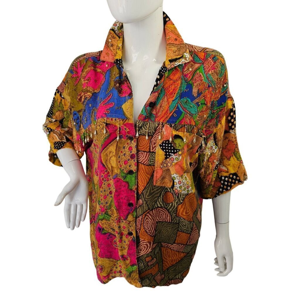Bali Collection Beaded Womens Shirt OS Oversize Collared Button Up Colorful 80s
